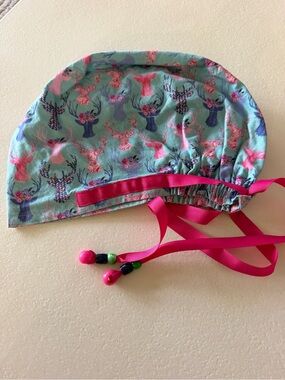 Teal Deer Print Scrub Cap with Pink Ties